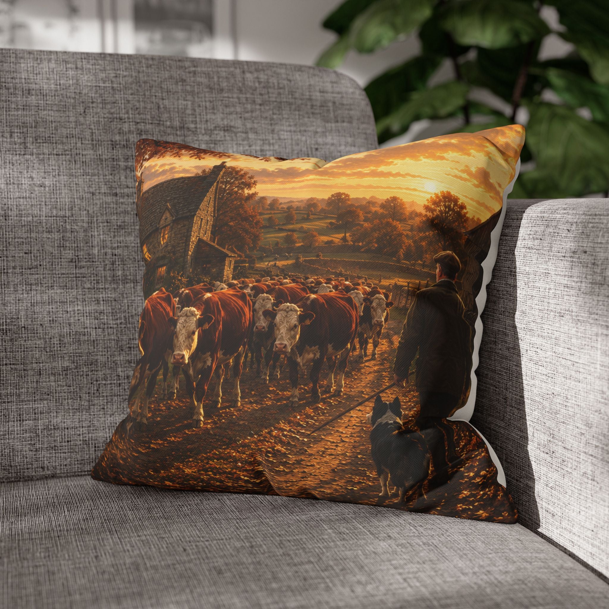 Cattle Coming Home Square Poly Canvas Pillowcase