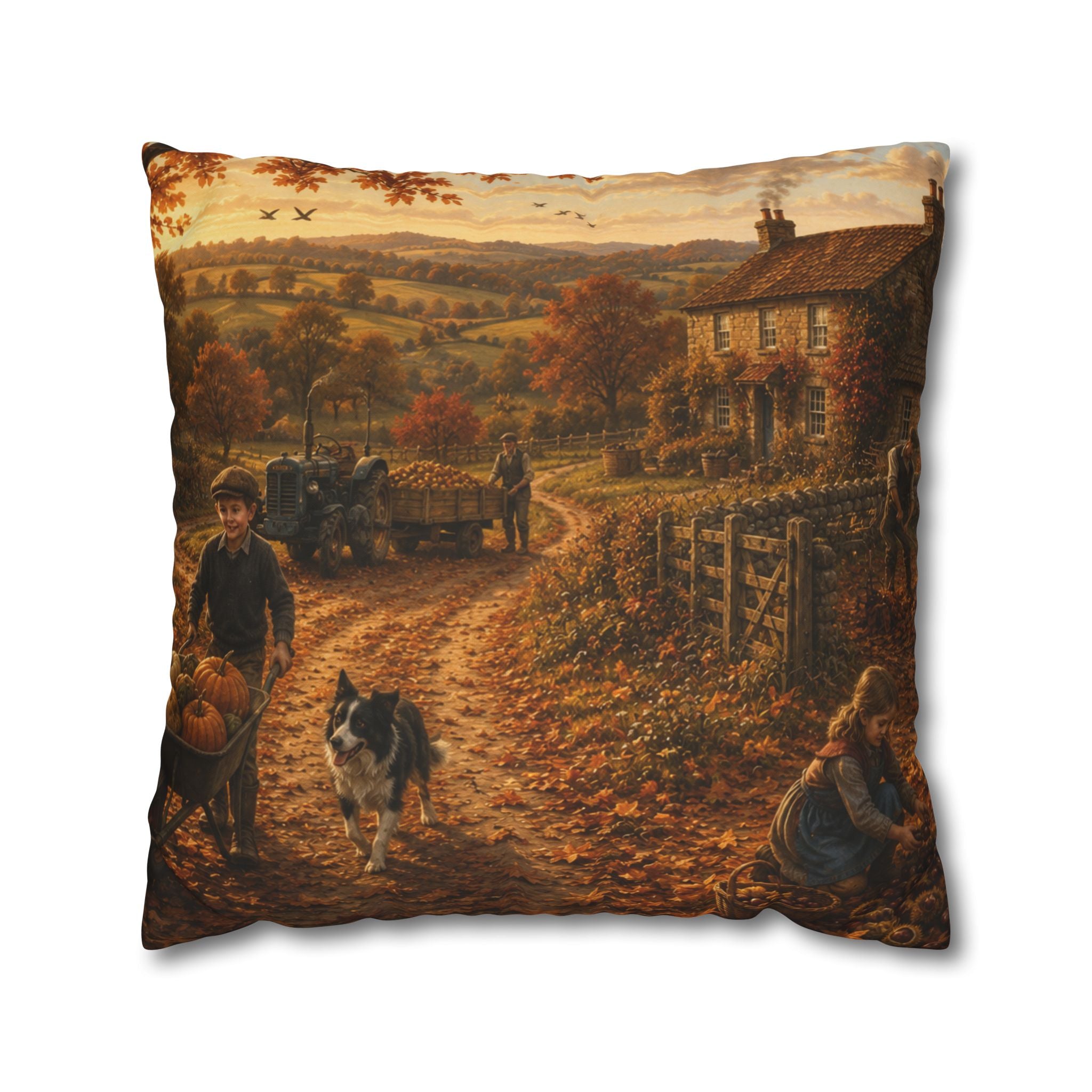 Autumn on the Farm Square Poly Canvas Pillowcase