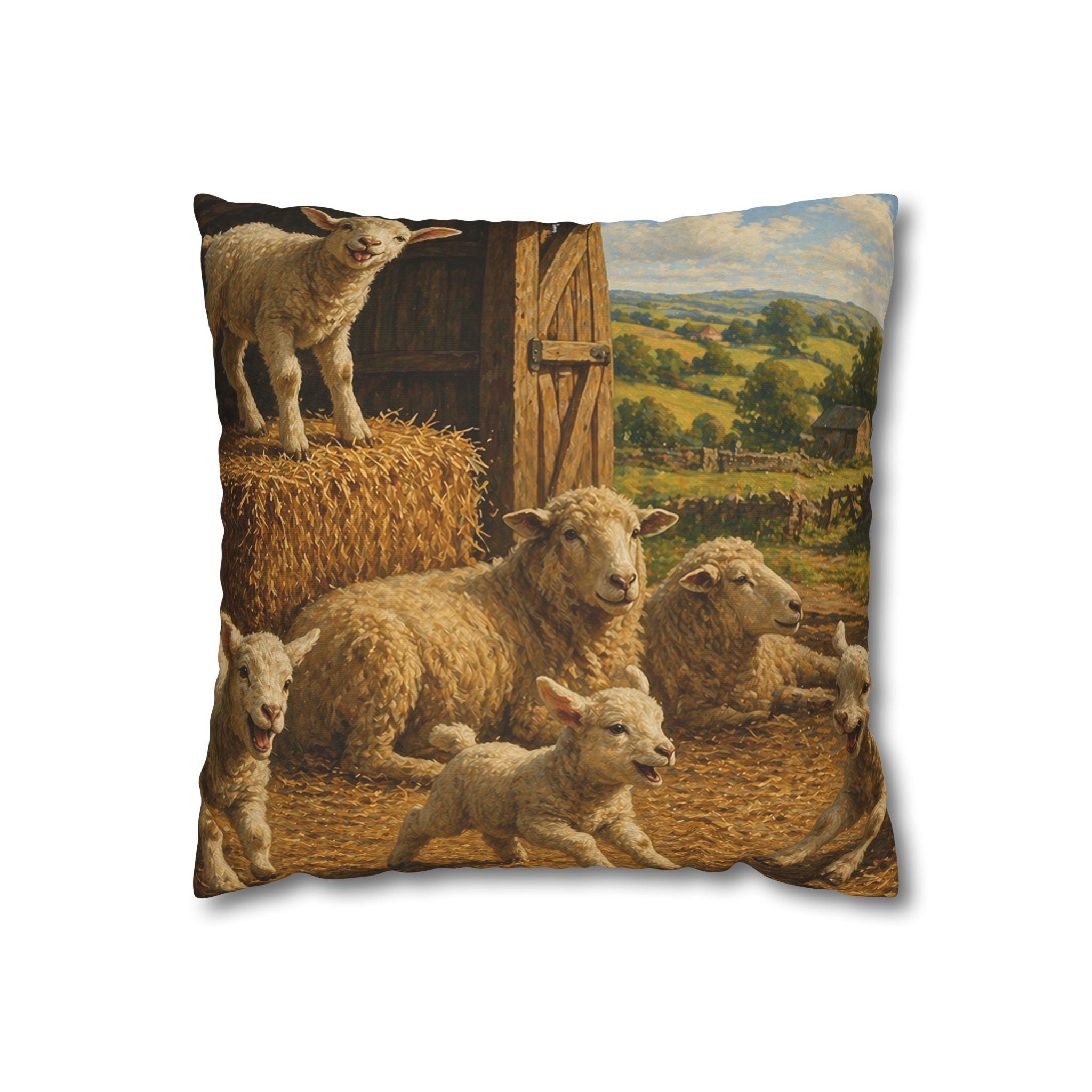 GK03 – Cheeky Lambs in the Barn – Countryside Cushion