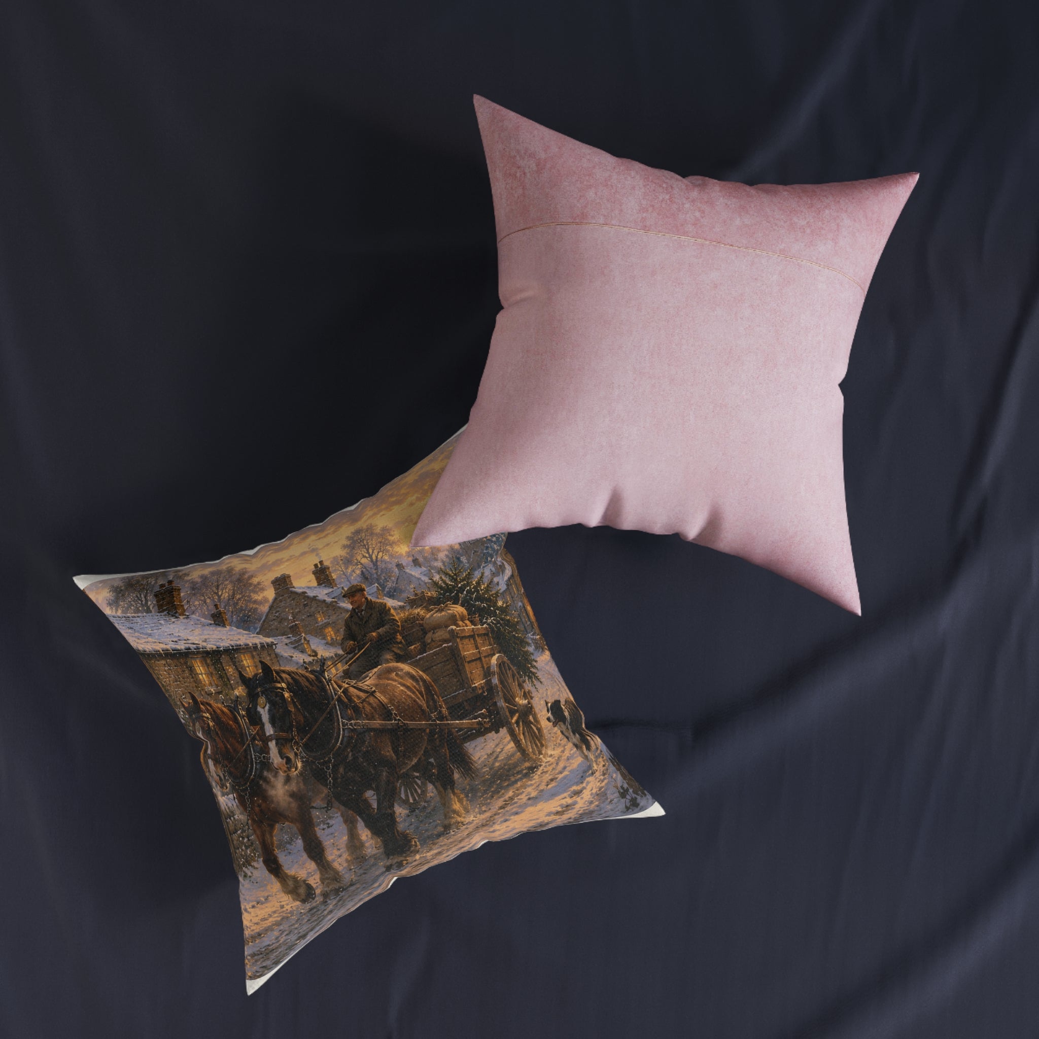 Winter Evening in the Village Square Pillow - Pink Back
