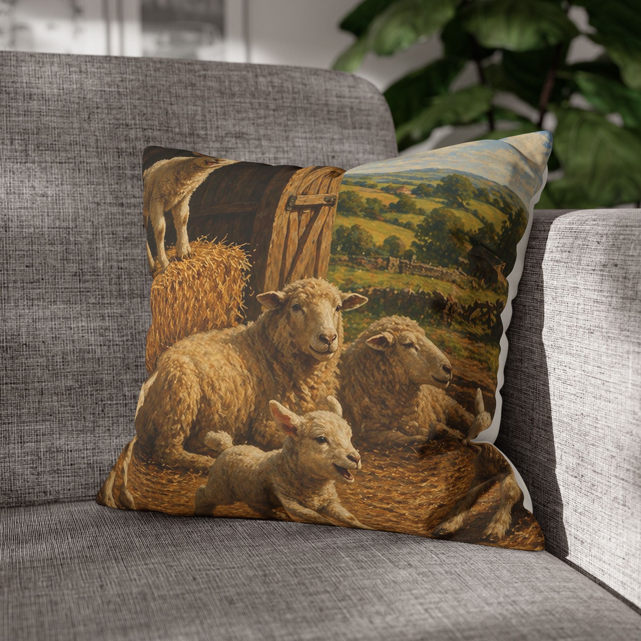 GK03 – Cheeky Lambs in the Barn – Countryside Cushion