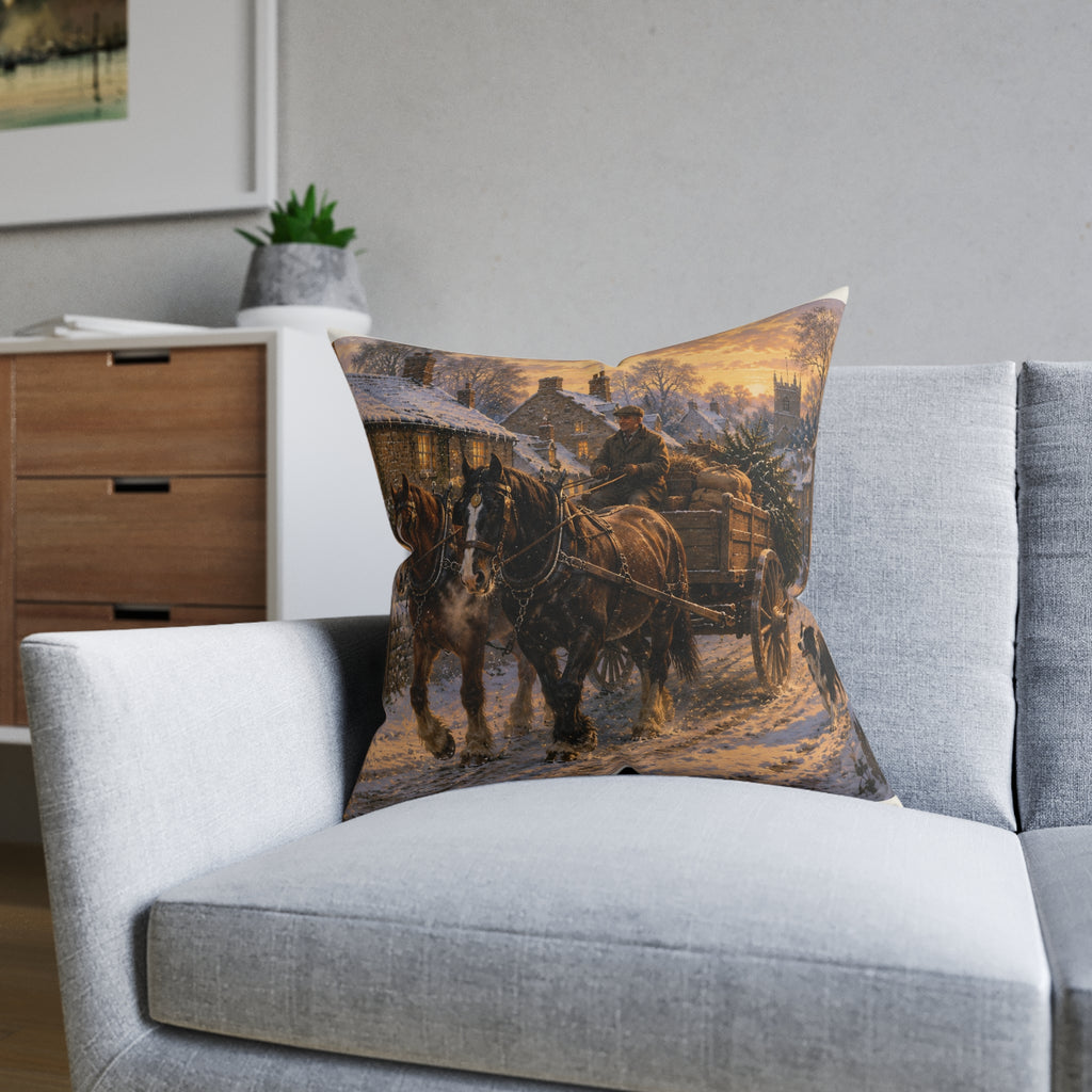 Winter Evening in the Village Square Pillow - Pink Back