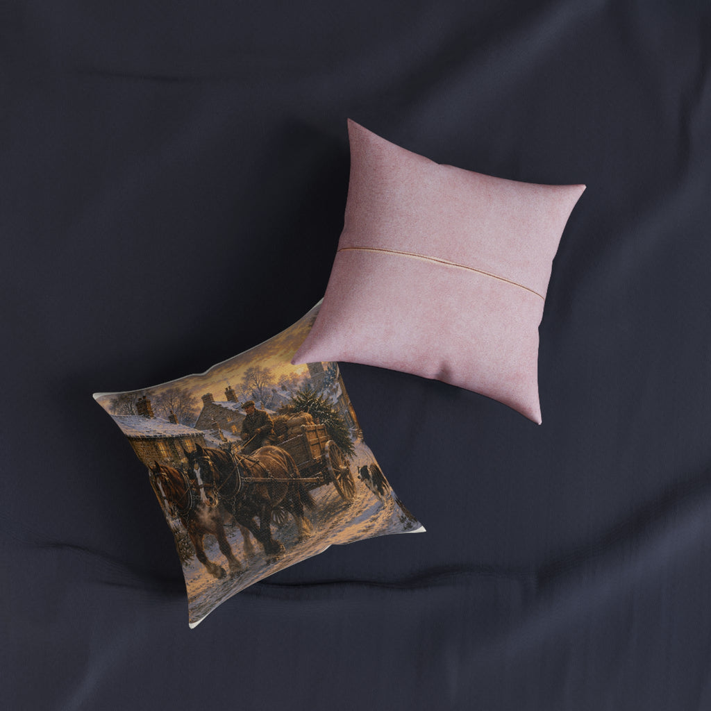Winter Evening in the Village Square Pillow - Pink Back