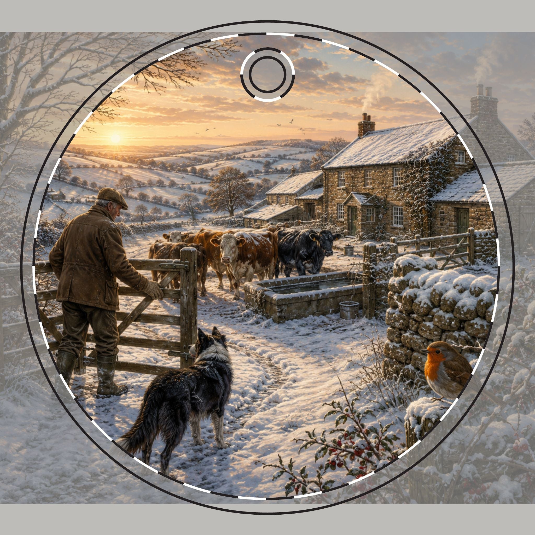 Winter Morning on the Farm Ceramic Christmas Ornaments (Double-Sided)