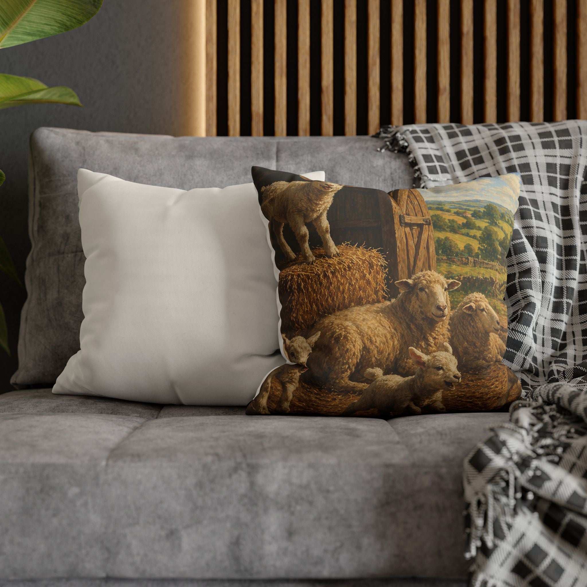 GK03 – Cheeky Lambs in the Barn – Countryside Cushion