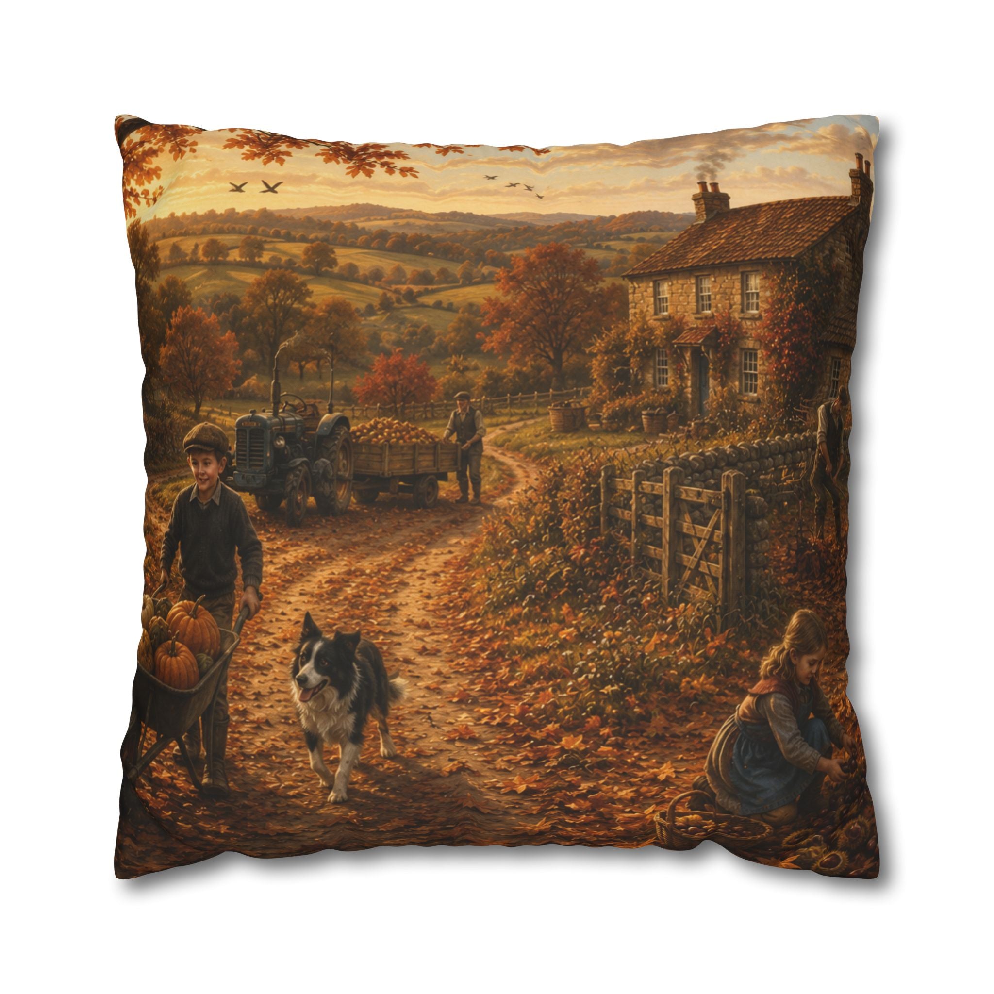 Autumn on the Farm Square Poly Canvas Pillowcase