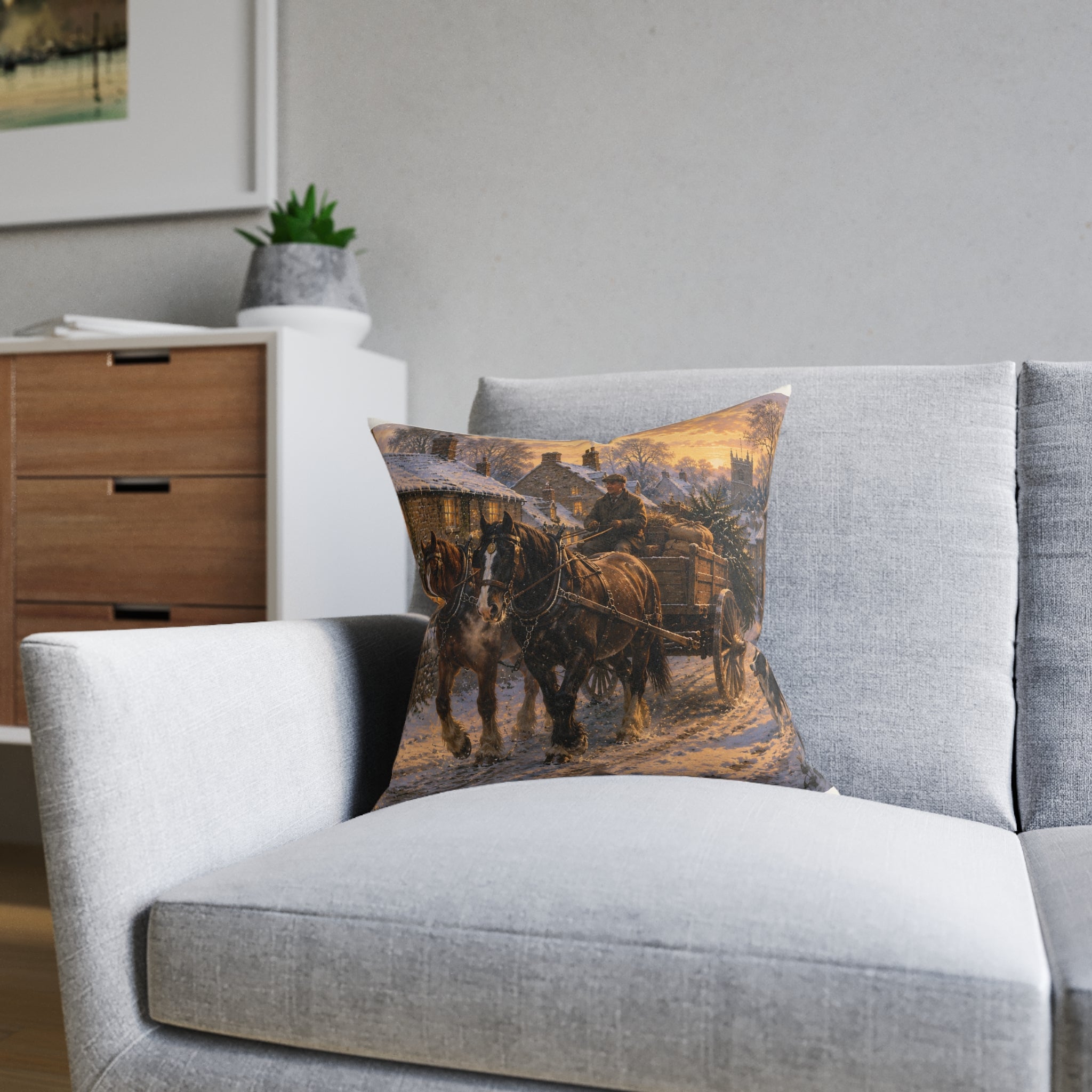 Winter Evening in the Village Square Pillow - Pink Back