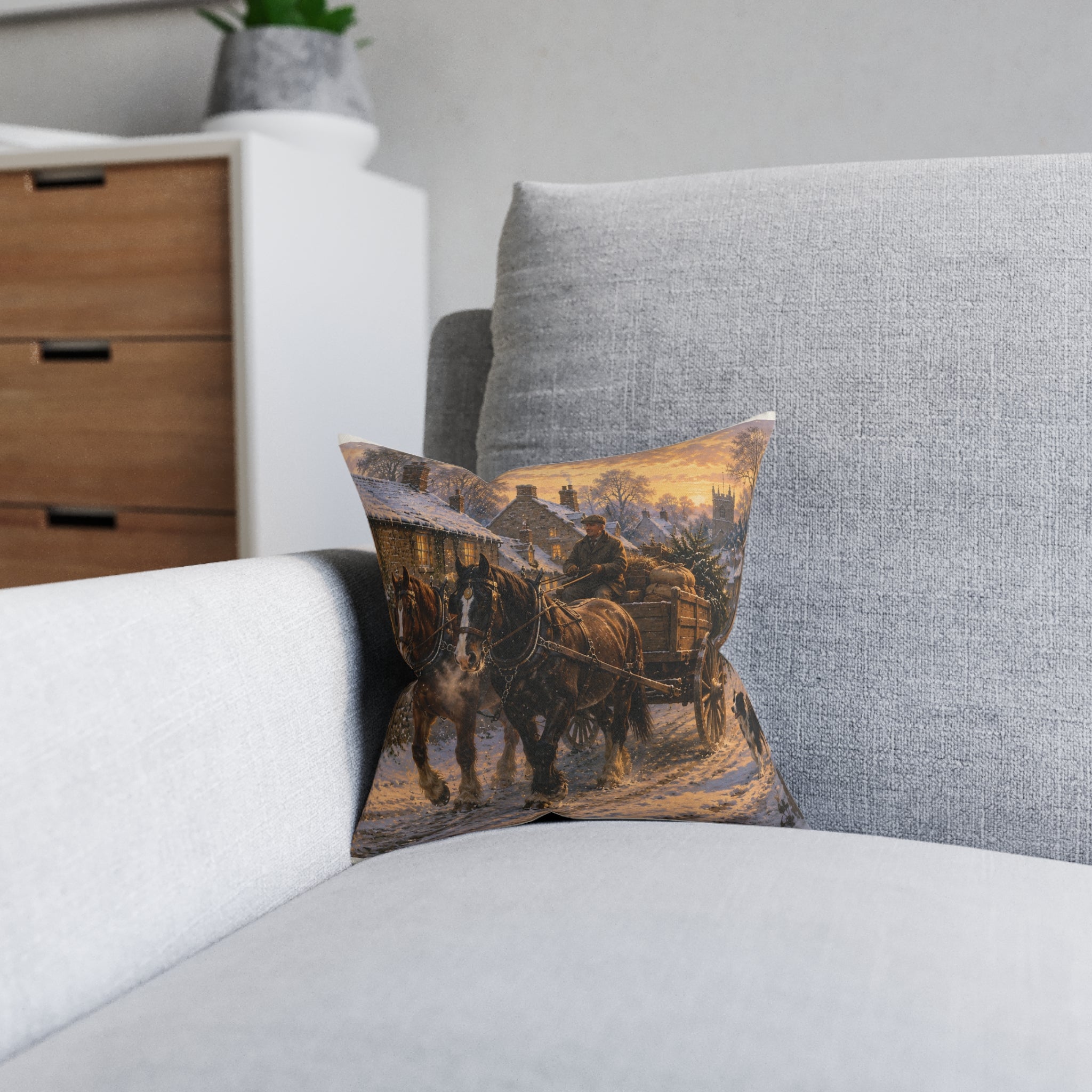 Winter Evening in the Village Square Pillow - Pink Back