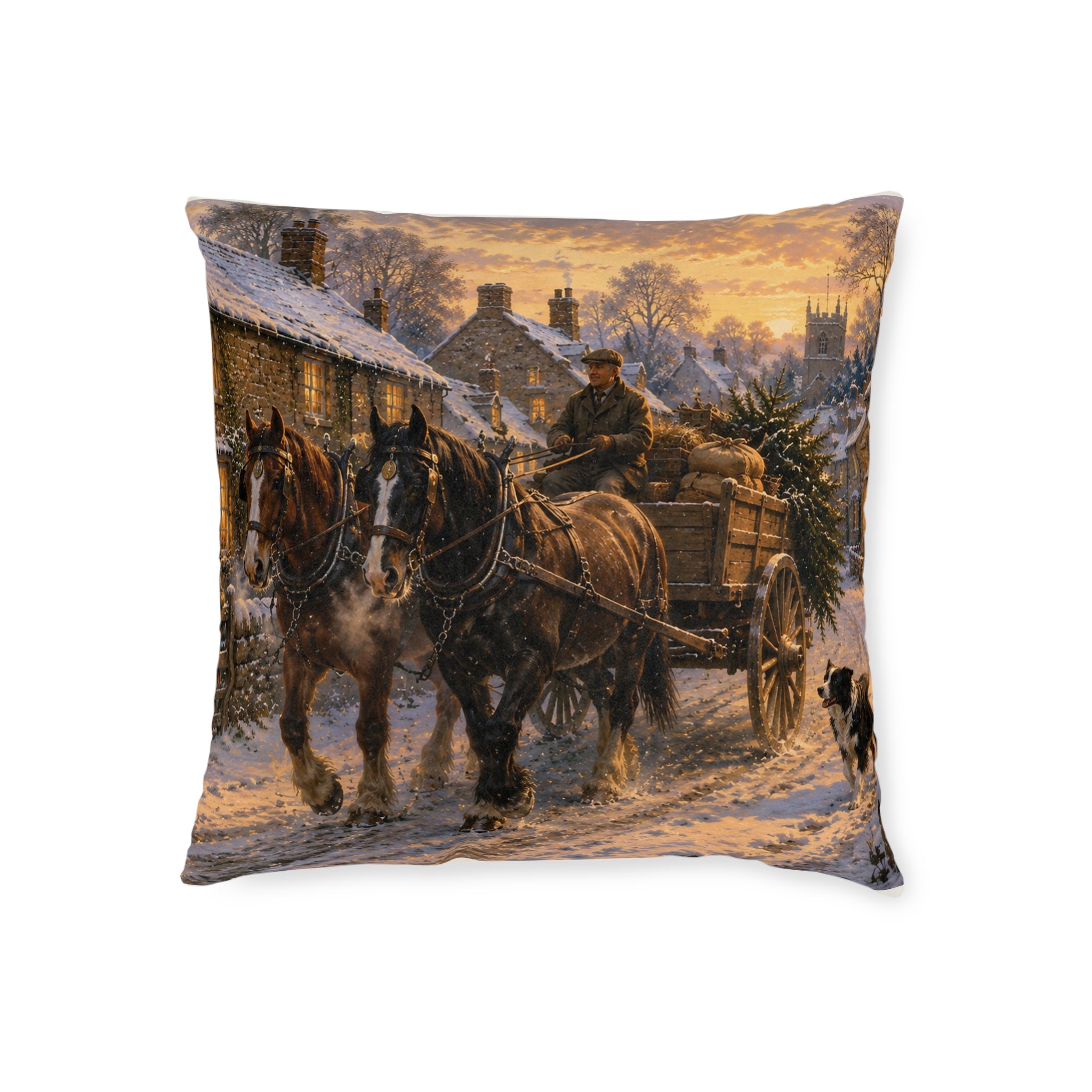 Winter Evening in the Village Square Pillow - Pink Back