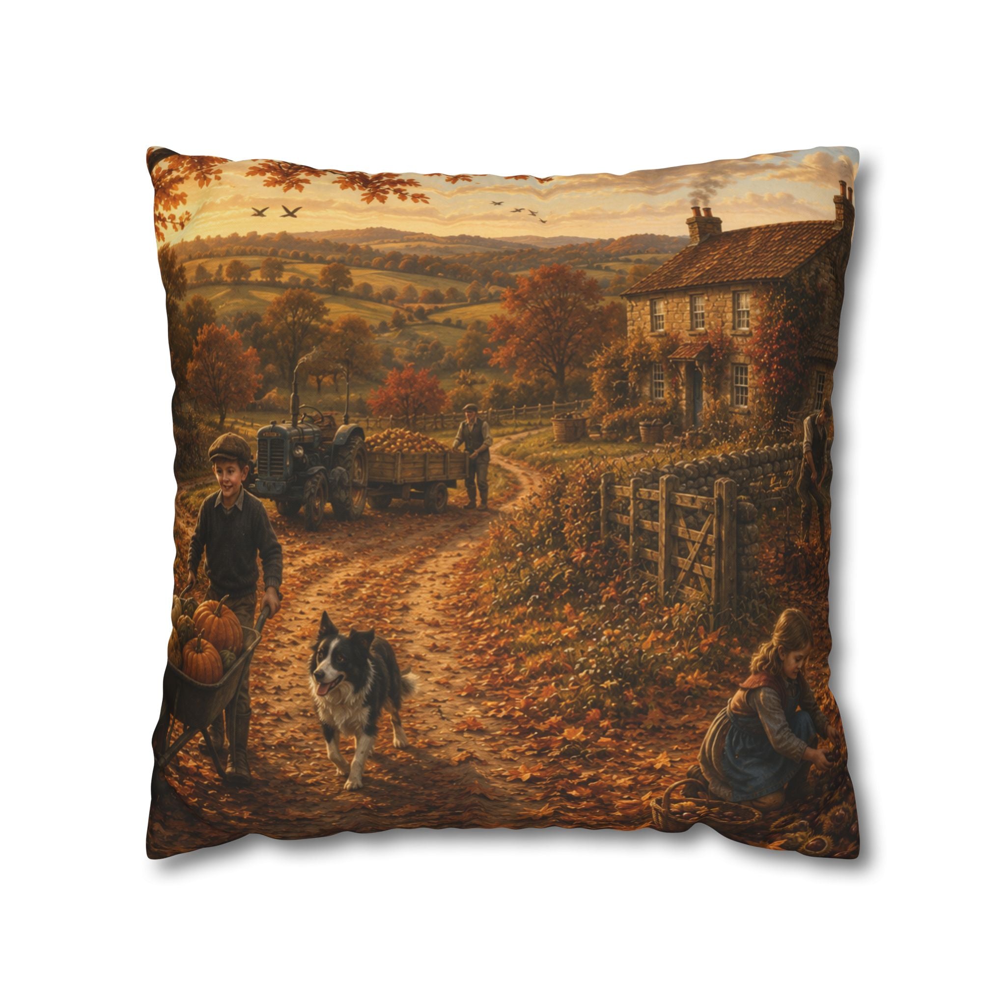 Autumn on the Farm Square Poly Canvas Pillowcase