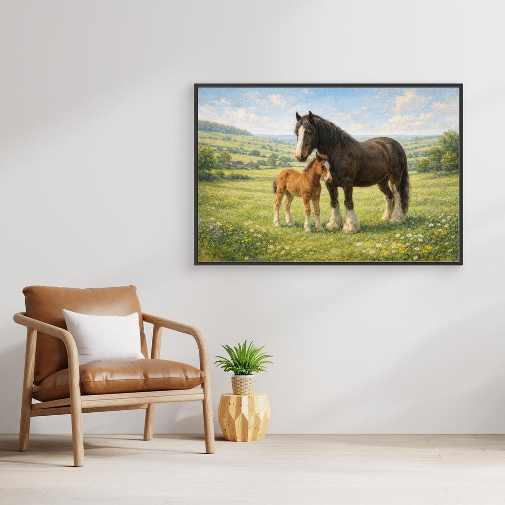 Shire horse and foal in spring meadow