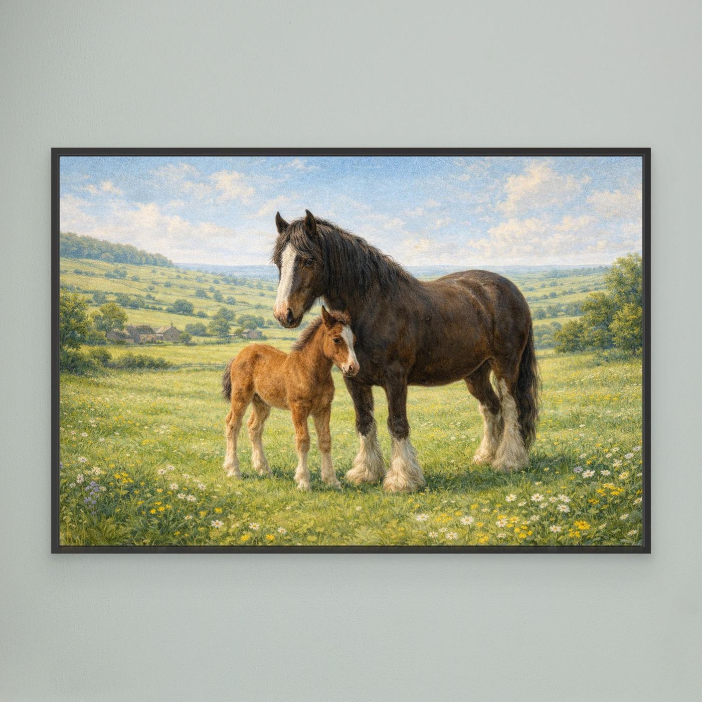 Shire horse and foal in spring meadow