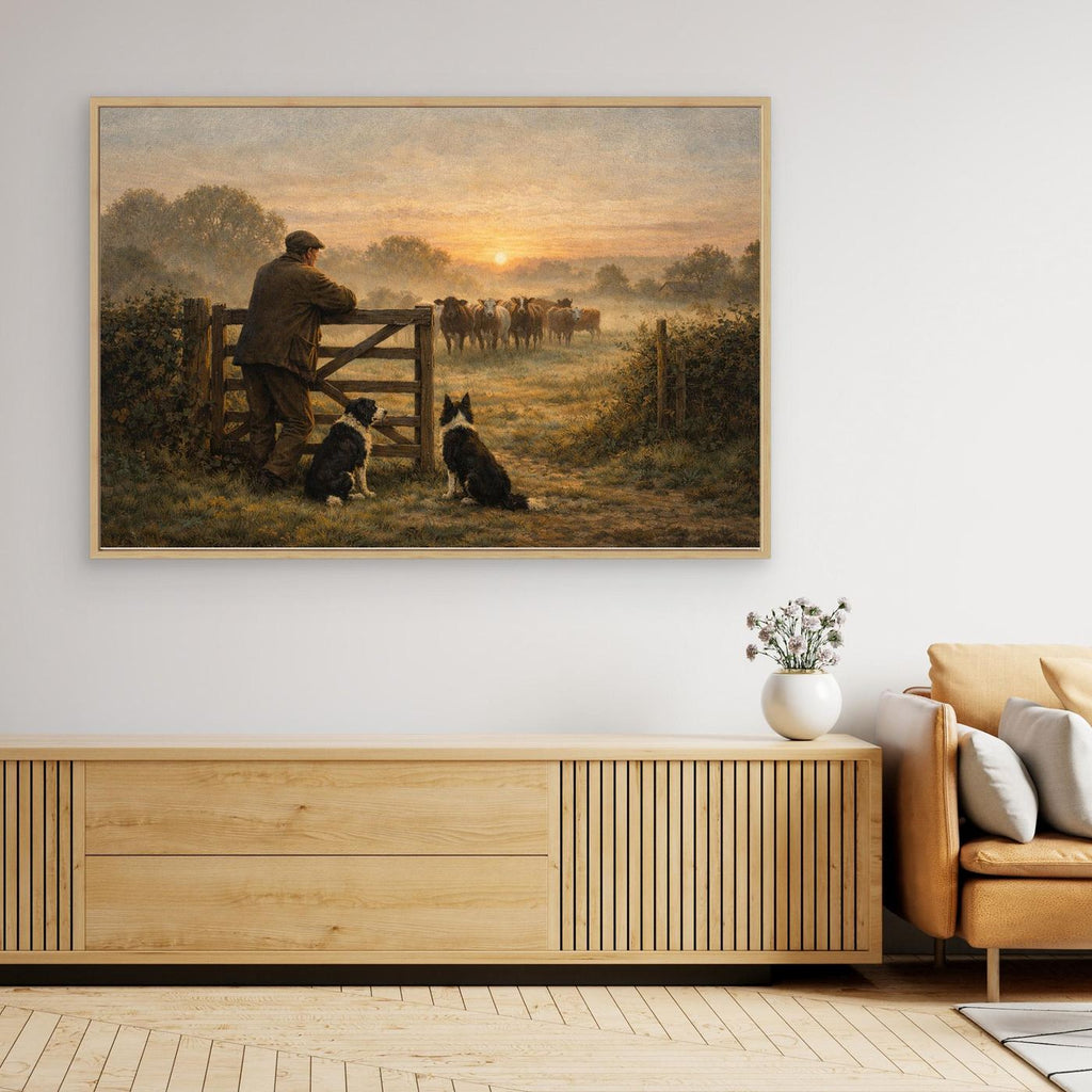Farmer and dogs at dawn