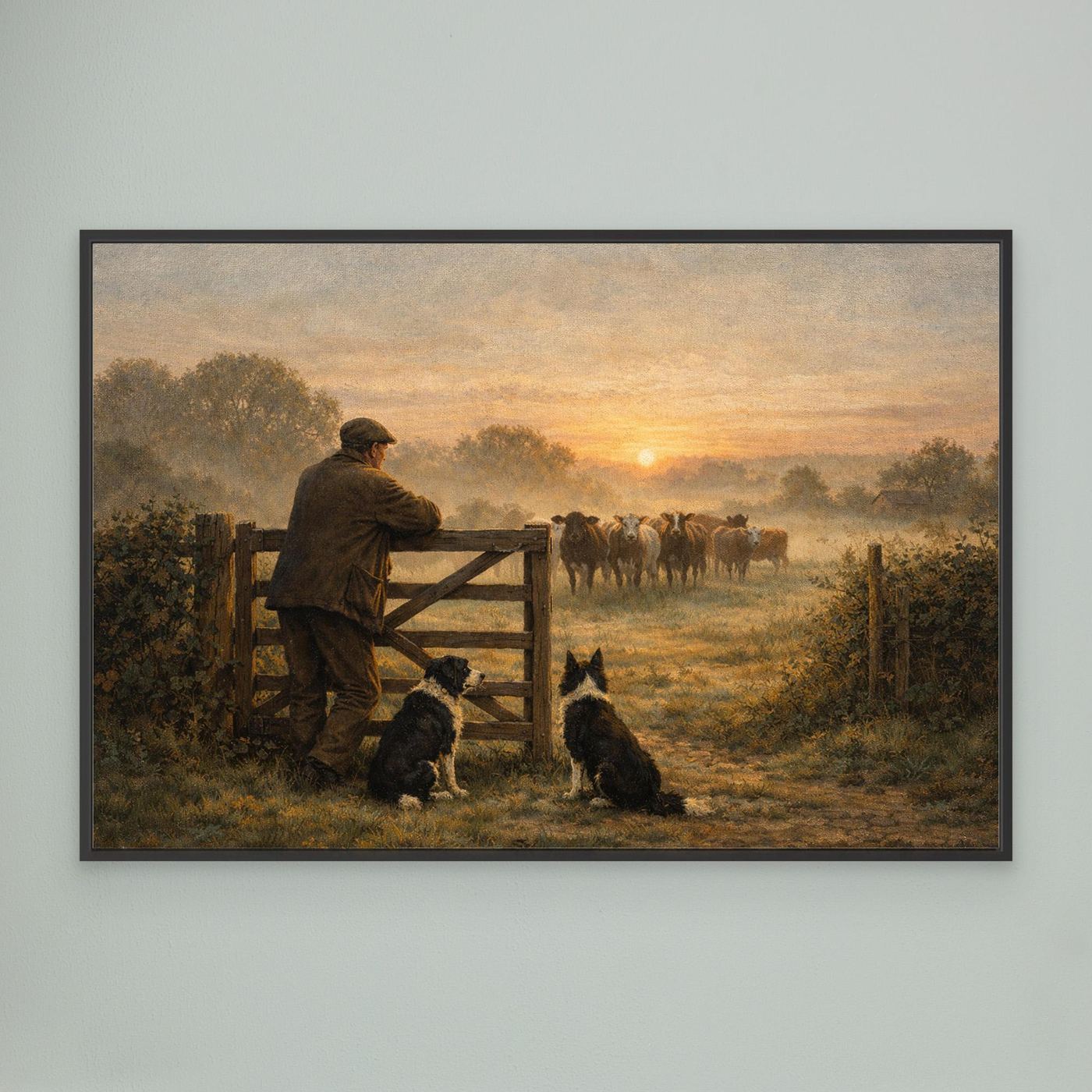Farmer and dogs at dawn