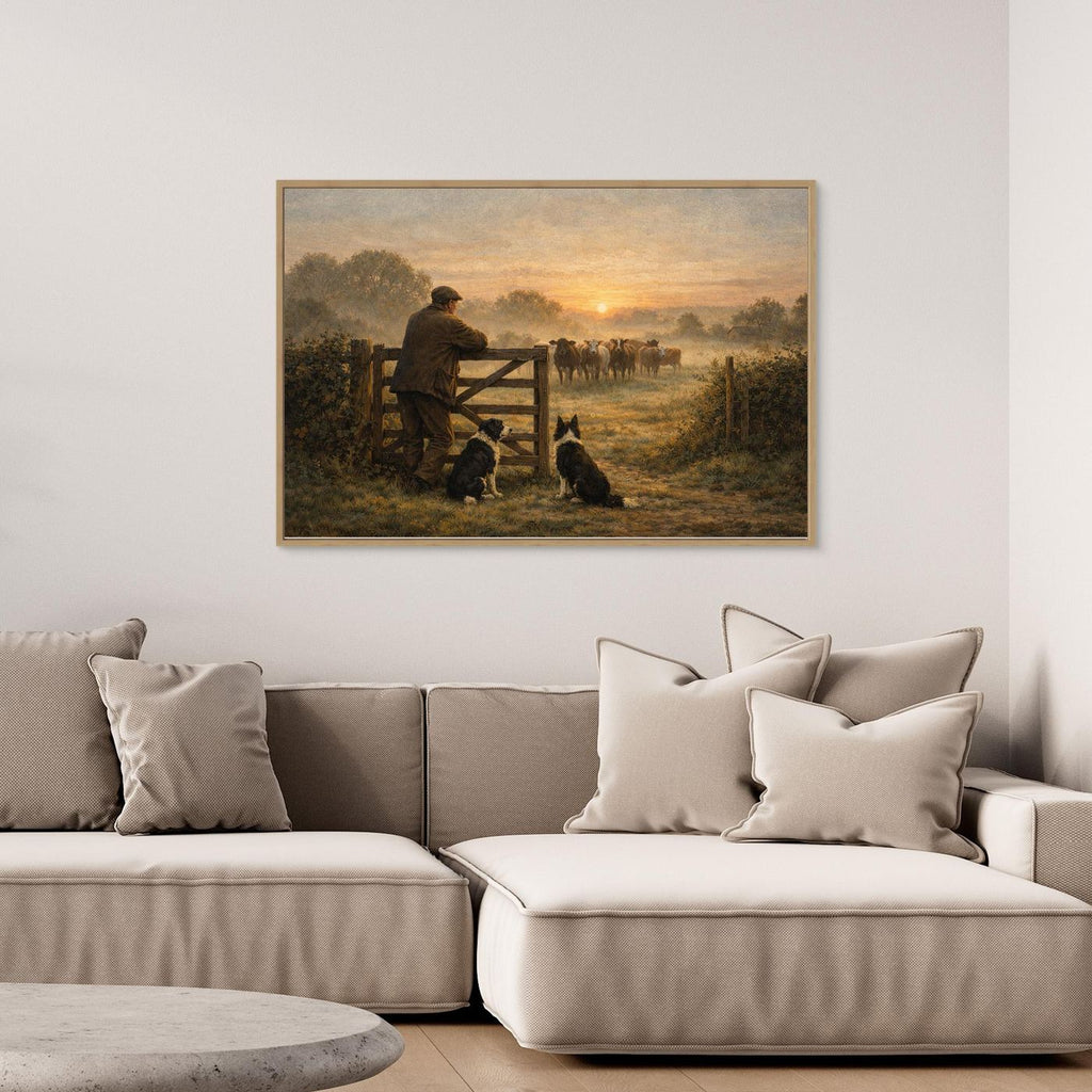 Farmer and dogs at dawn