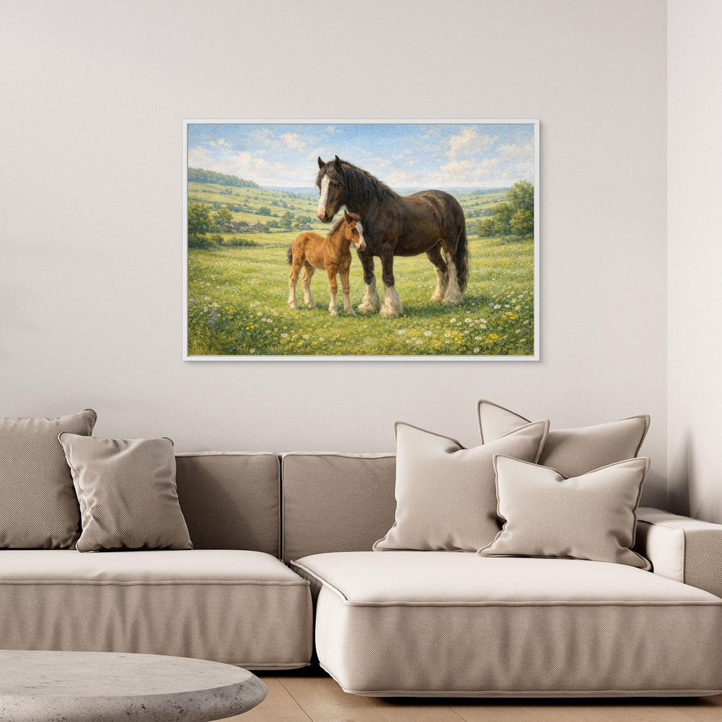 Shire horse and foal in spring meadow