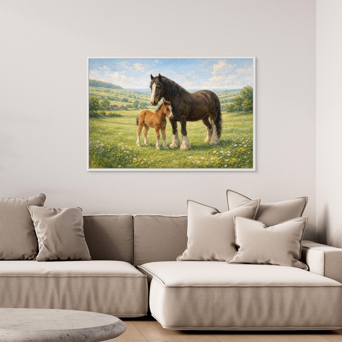 Shire horse and foal in spring meadow