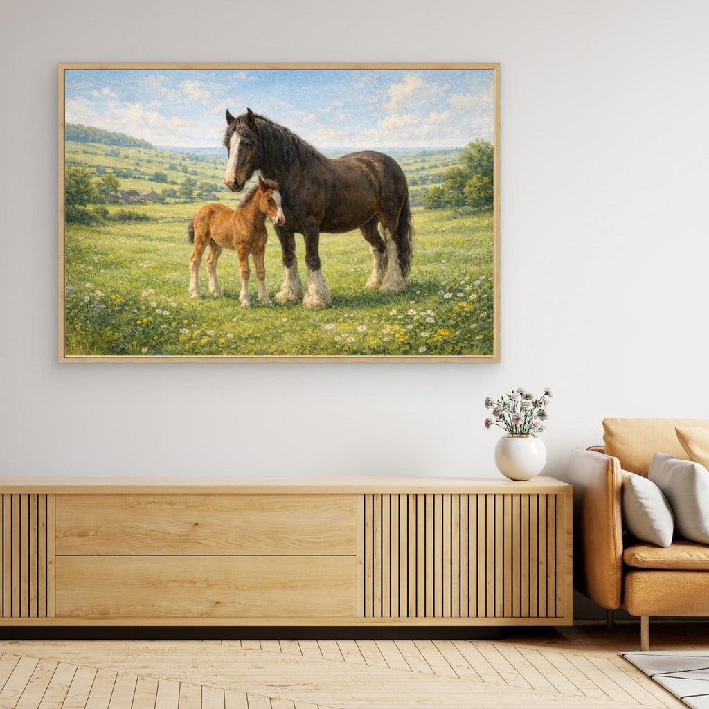 Shire horse and foal in spring meadow