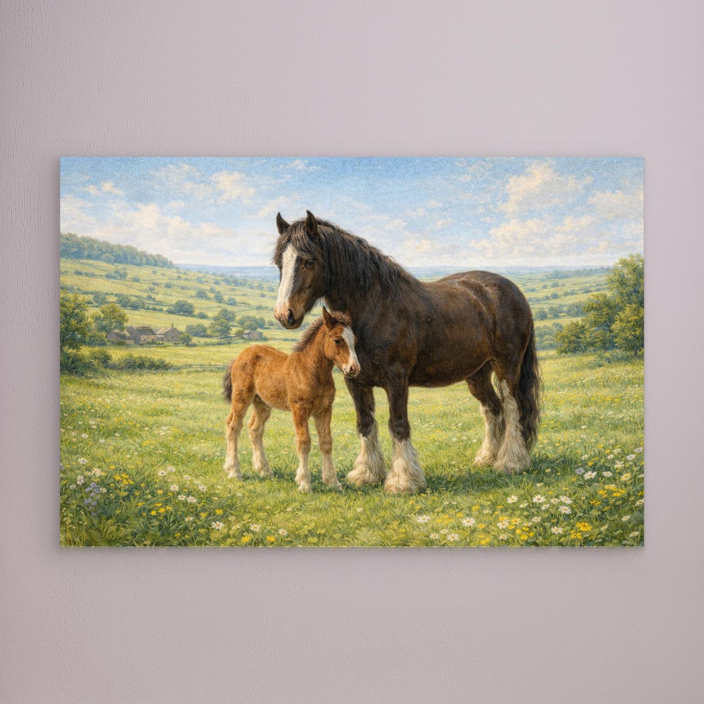 Shire horse and foal in spring meadow