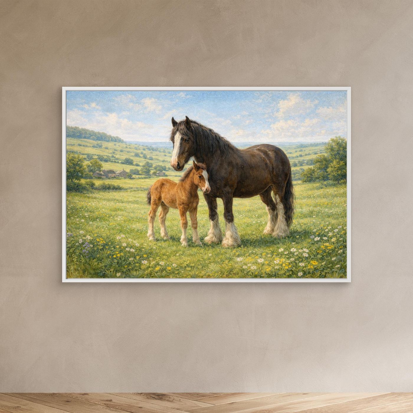 Shire horse and foal in spring meadow