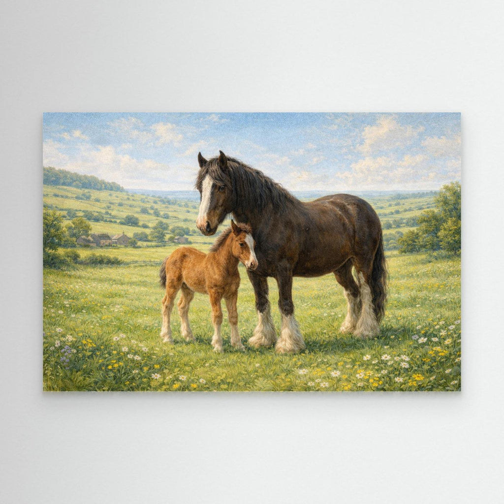 Shire horse and foal in spring meadow