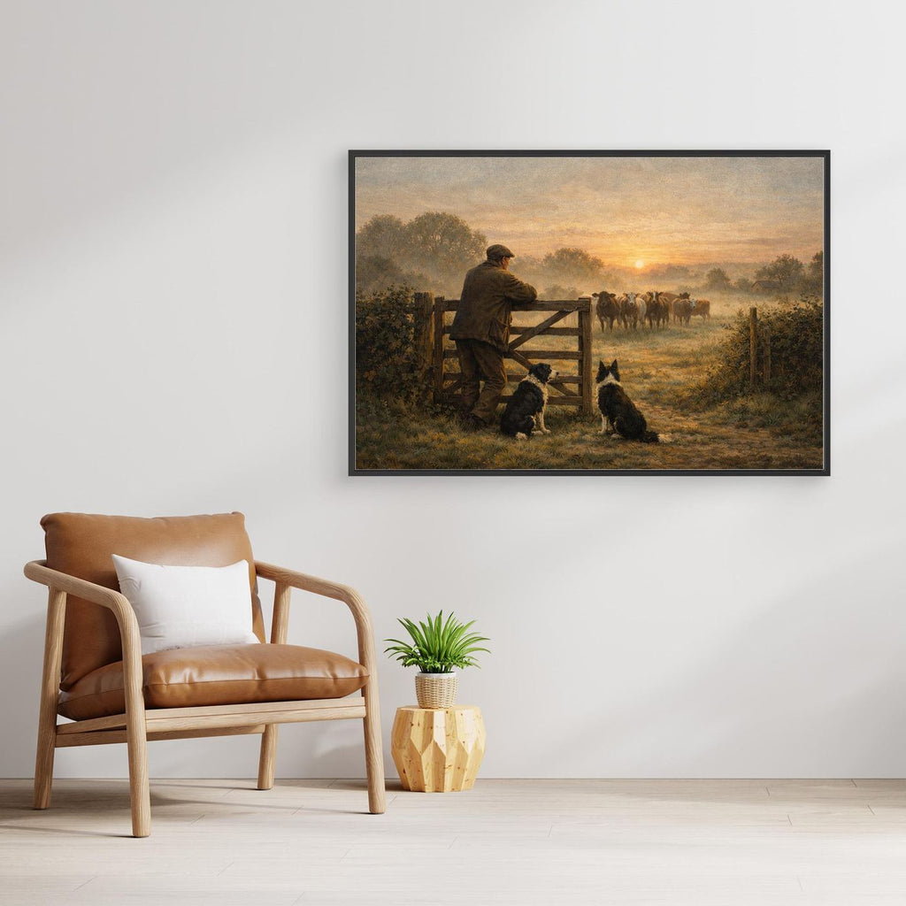 Farmer and dogs at dawn