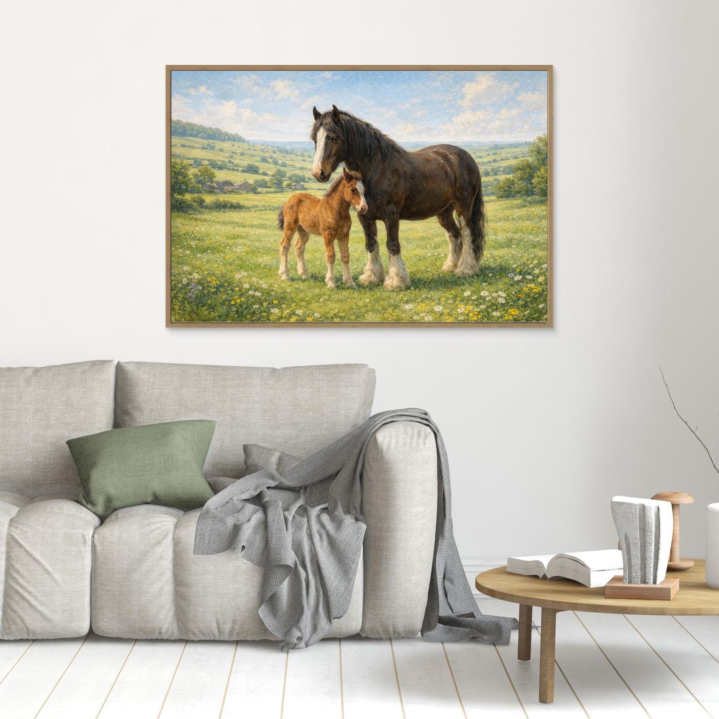 Shire horse and foal in spring meadow