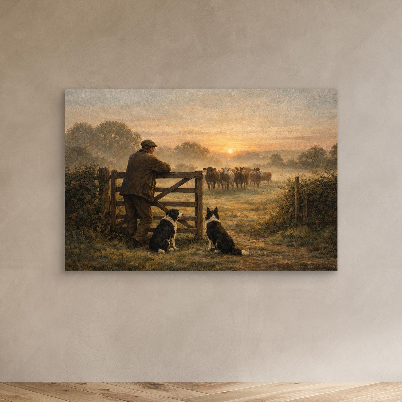 Farmer and dogs at dawn